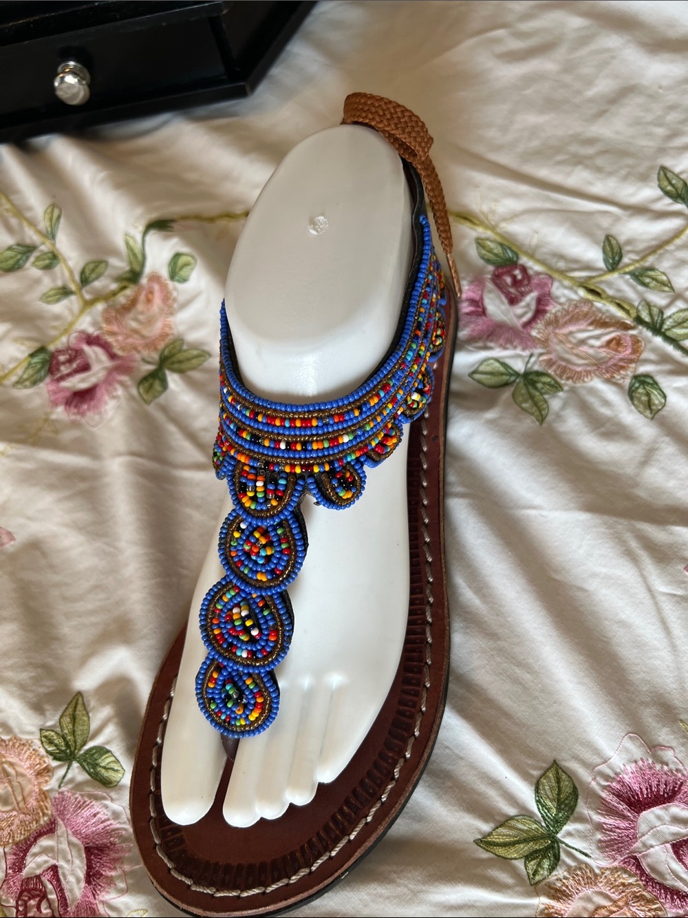 Beaded Leather T-Strap Sandals in Multicolor Blue Accents Sz 37/US 6.5 Womens